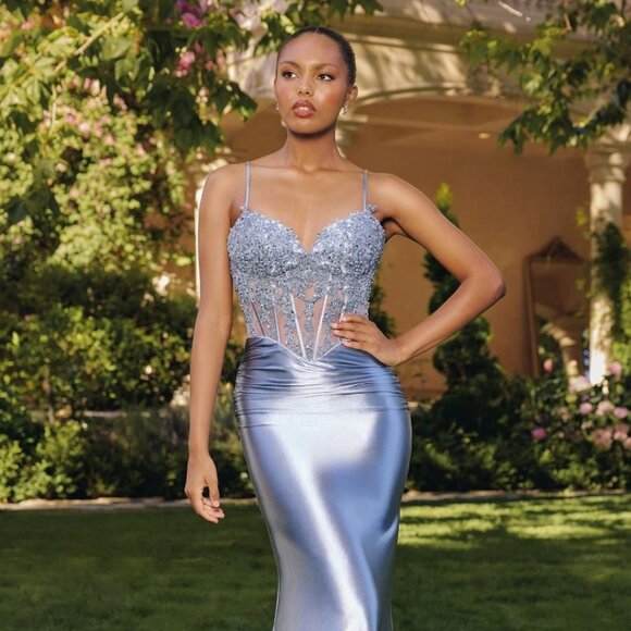 New Soft Satin LT Blue Evening Maxi Beaded Gown w/ Sheer Boned Bodice CD T819 - Picture 3 of 8